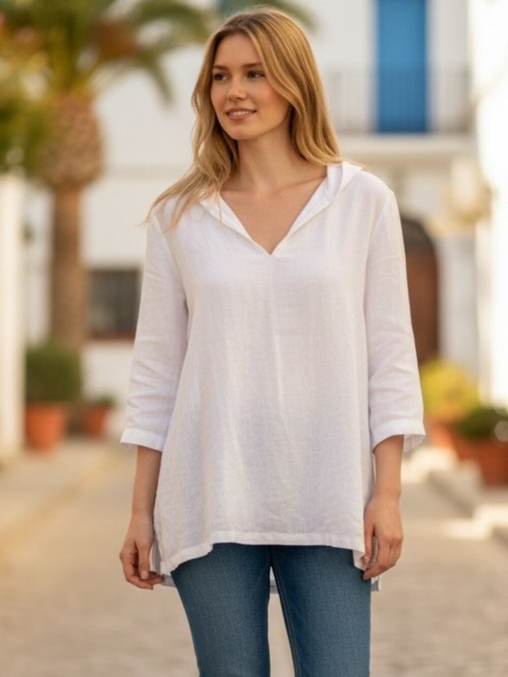Russ Berens Malibu 100% Linen Hooded Tunic Top White Small Boho Beach Cover Up